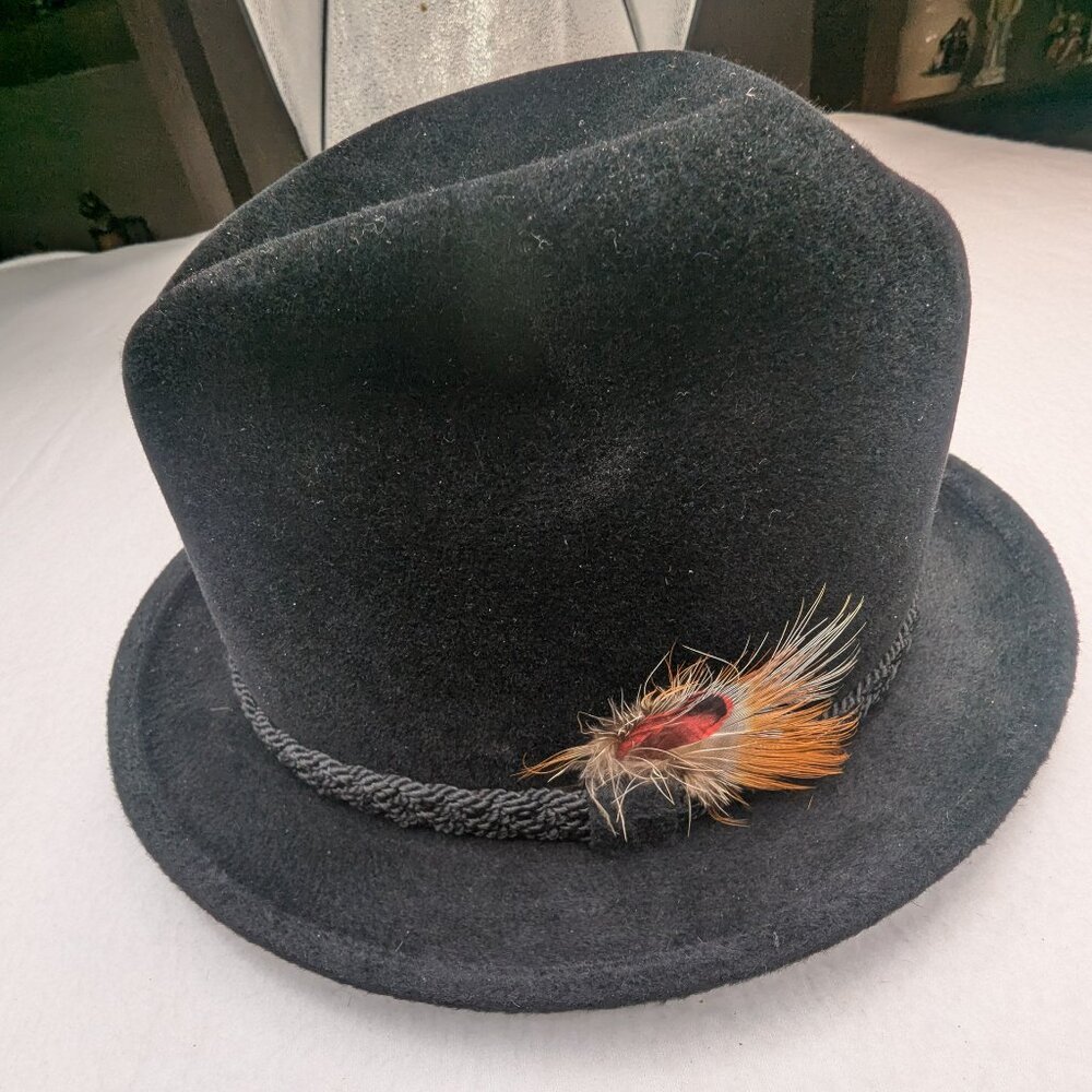 Vintage STETSON Sovereign Black Felt Men's Fedora Feathered Hat Sz 7 3/8